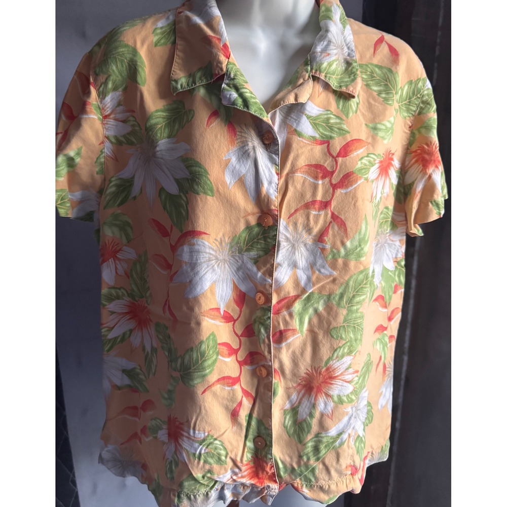 Lizgolf by Liz Claiborne Women XL Orange Silk Tropical Floral Button Front Shirt